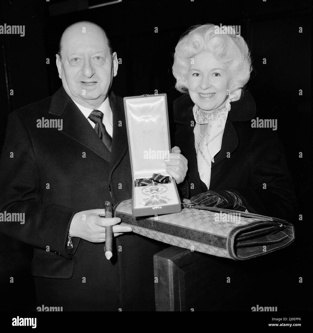 Media Mogul Lew Grade, head of ATV television, arrives at Heathrow Airport with his wife Lady Grade on return from Rome where he was honoured with the title of Commander of the Order of Silvester by the Pope in recognition of his religious films. 16th January 1979. Stock Photo