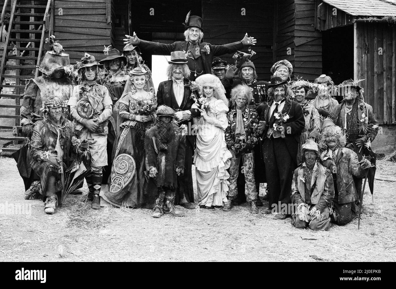 Television character Worzel Gummidge who is played by Jon Pertwee marries his Aunt Sally, played by Una Stubbs, in a barn at Braishfield, near Romsey, Hants. The guests at the wedding included Barbara Windsor, Bill Maynard with several scarecrows. 3rd July 1979. Stock Photo