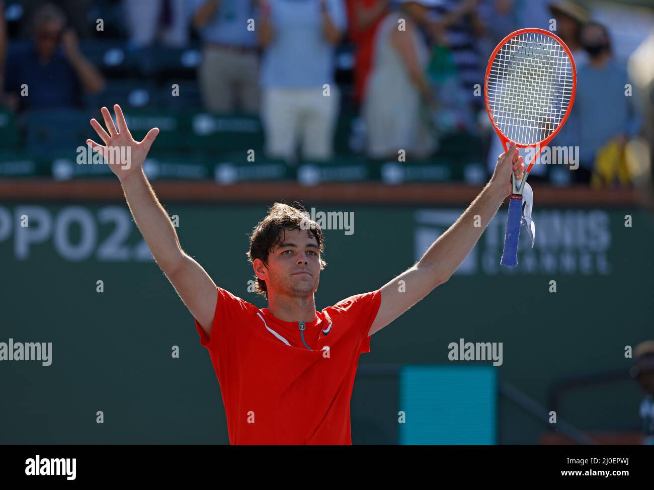 Indian Wells, USA. 18th Mar, 2022. March 18, 2022 Taylor Fritz celebrates  winning his match against Miomir Kecmanovic of Serbia in their quarterfinal  match of the 2022 BNP Paribas Open at Indian