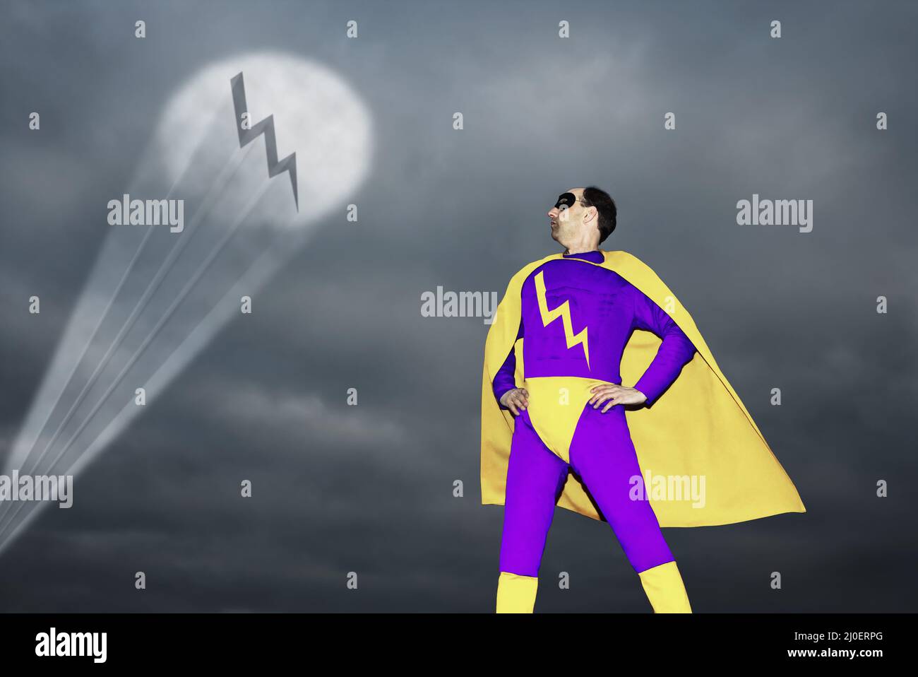 A portrait of a Superhero,  with his call sign in the sky Stock Photo