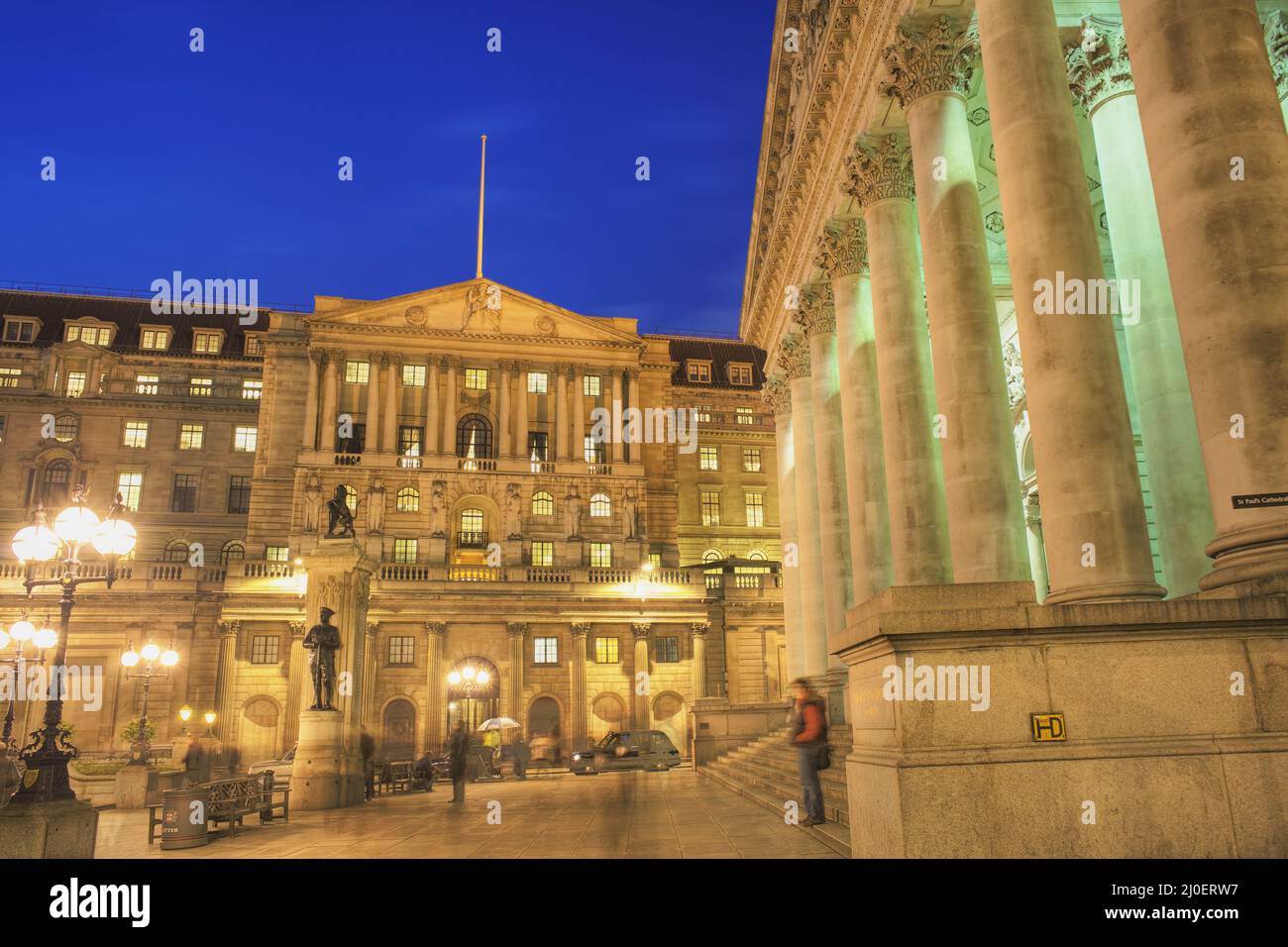 Bank of England and Royal Exchange at dusk in the city of London. Stock Photo