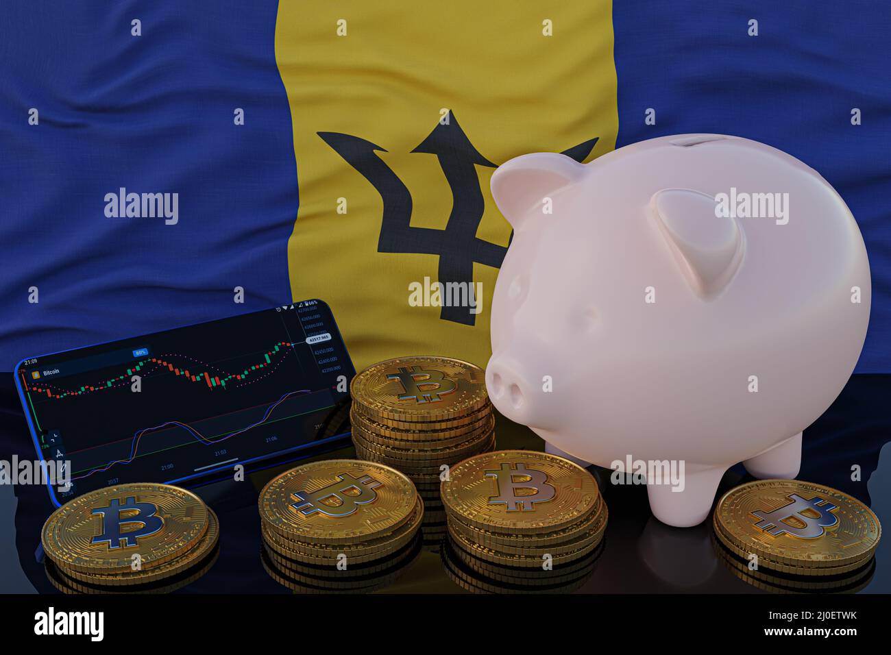 Bitcoin and cryptocurrency investing. Barbados flag in background. Piggy bank, the of saving concept. Mobile application for trading on stock. 3d rend Stock Photo