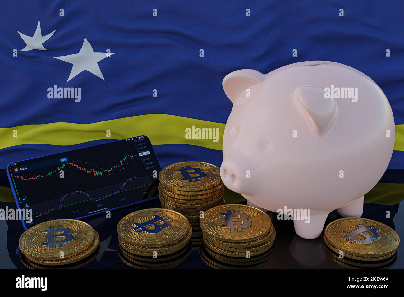 Bitcoin and cryptocurrency investing. curacao flag in background. Piggy bank,  the of saving concept. Mobile application for trading on stock. 3d rende  Stock Photo - Alamy