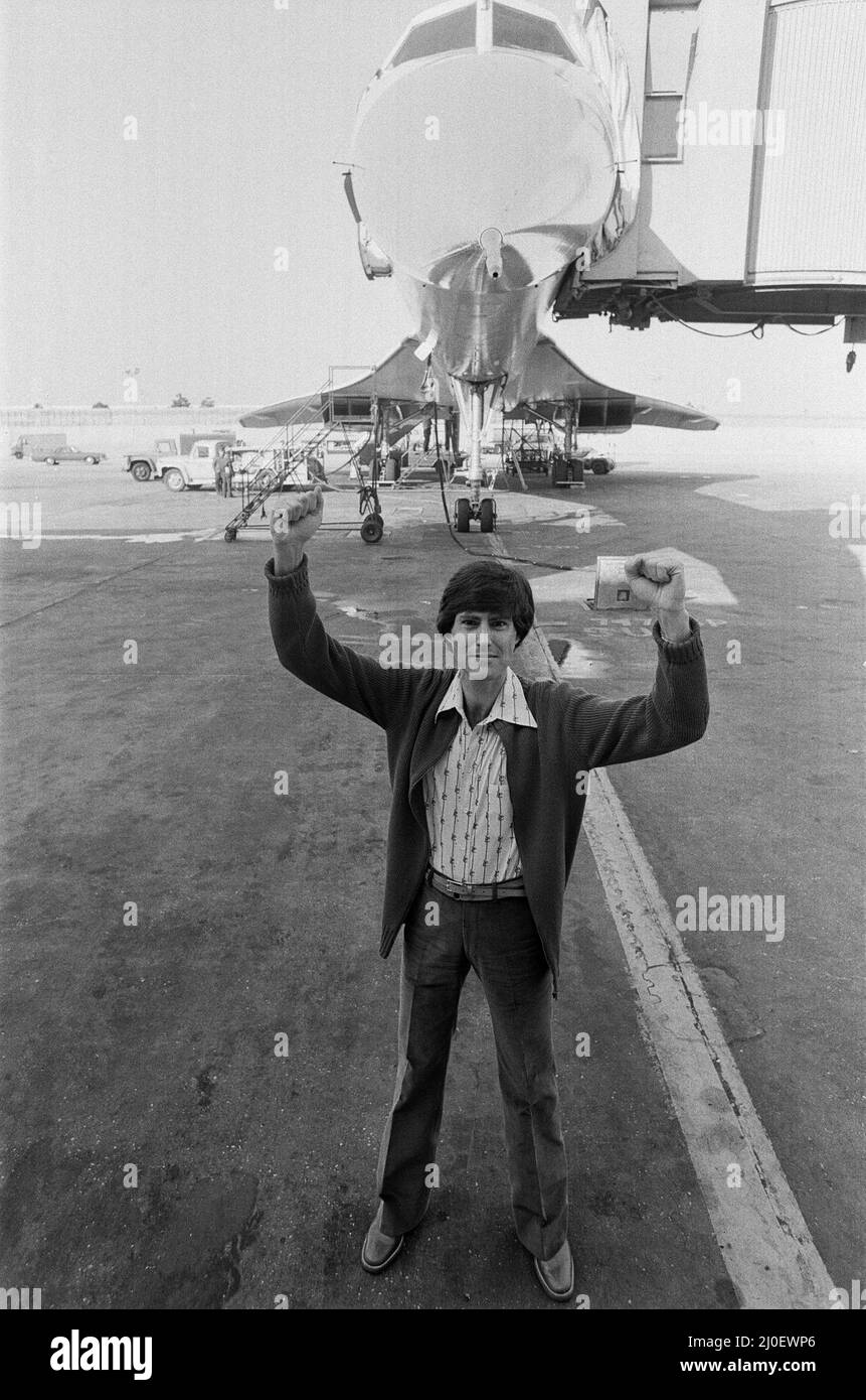 Uri Geller at London Airport standing in front of a Concorde. 1st November 1978. Stock Photo