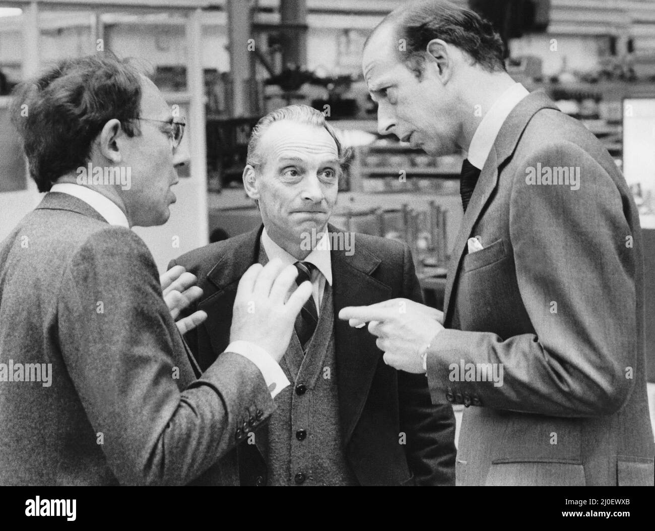 Prince Edward of Kent - The Duke and Duchess of Kent  North East Royal Visits  The Duke of Kent during his visit to Newcastle 8 July 1980 - The Duke with Andrew Perkins MD and Union rep Jimmy Kirr, right, at NEI Reyrolle, Hebburn Factory Stock Photo