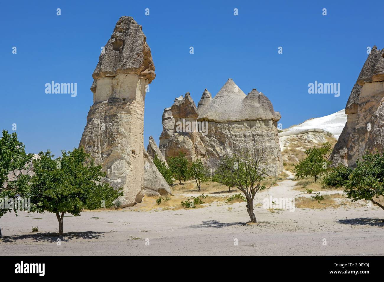 Typical rock formations in the Cappadocia region, Turkey and blue sky Stock Photo