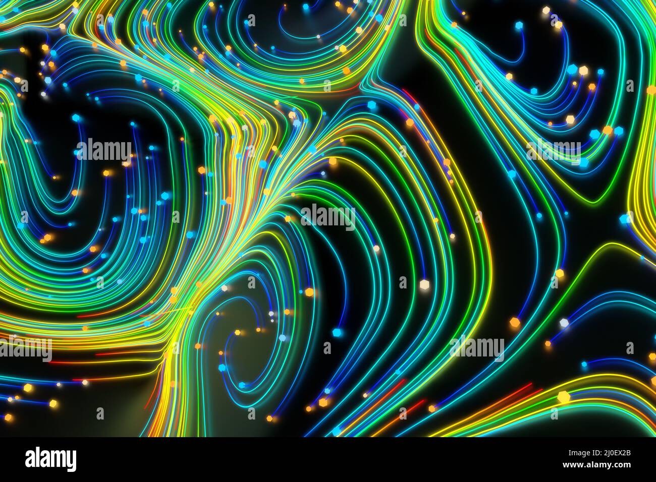 Neon glowing twisted cosmic lines on the glossy surface. Turbulence ...