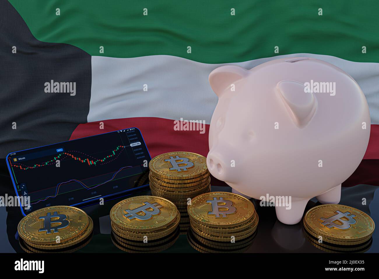 Bitcoin and cryptocurrency investing. Kuwait flag in background. Piggy