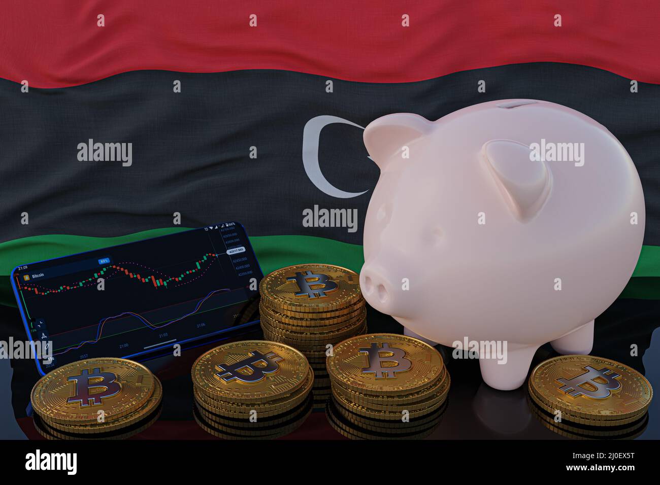 Bitcoin and cryptocurrency investing. Lybia flag in background. Piggy bank, the of saving concept. Mobile application for trading on stock. 3d render Stock Photo