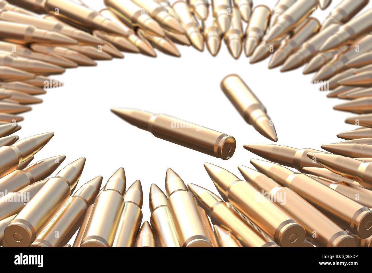 Golden bullets AK-47 cartridges laying on the white background in shape of circle. Danger hunt firearm concept 3d illustration Stock Photo