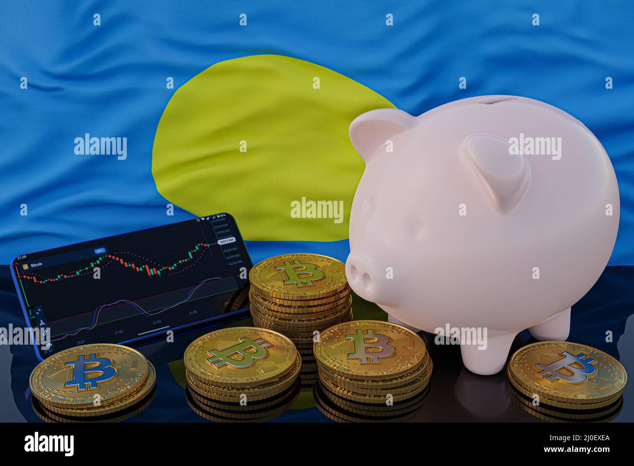 Bitcoin and cryptocurrency investing. Palau flag in background. Piggy bank, the of saving concept. Mobile application for trading on stock. 3d render Stock Photo