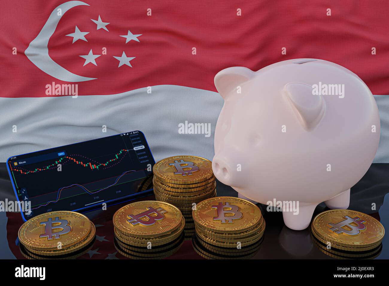 Bitcoin and cryptocurrency investing. Singapore flag in background. Piggy  bank, the of saving concept. Mobile application for trading on stock. 3d  ren Stock Photo - Alamy