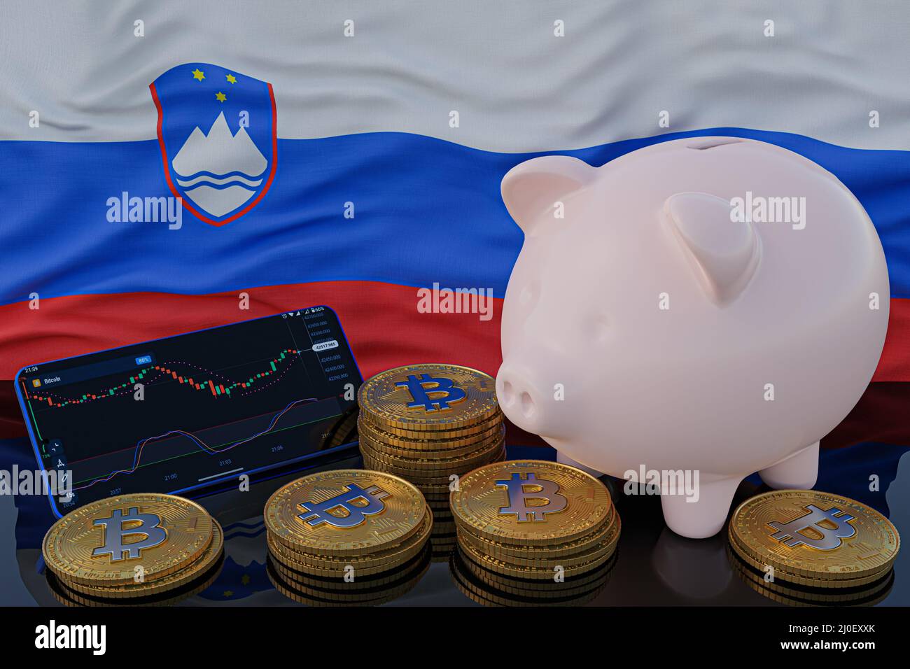 Bitcoin and cryptocurrency investing. Slovenia flag in background. Piggy  bank, the of saving concept. Mobile application for trading on stock. 3d  rend Stock Photo - Alamy