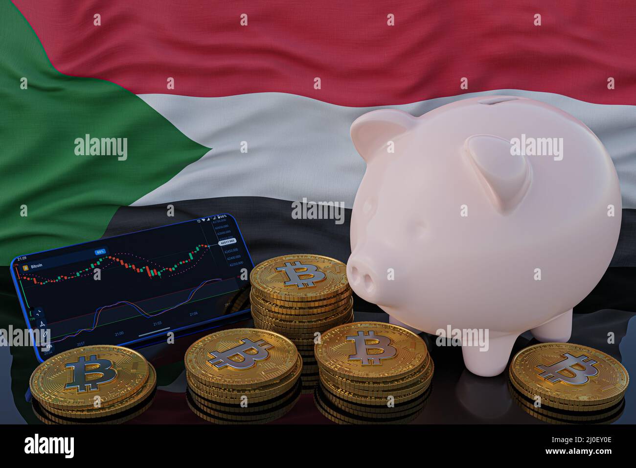 Bitcoin and cryptocurrency investing. Sudan flag in background. Piggy bank, the of saving concept. Mobile application for trading on stock. 3d render Stock Photo