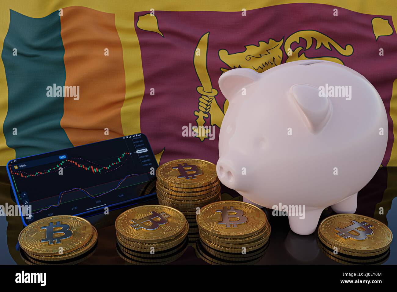 Bitcoin and cryptocurrency investing. Sri Lanka flag in background. Piggy  bank, the of saving concept. Mobile application for trading on stock. 3d  ren Stock Photo - Alamy