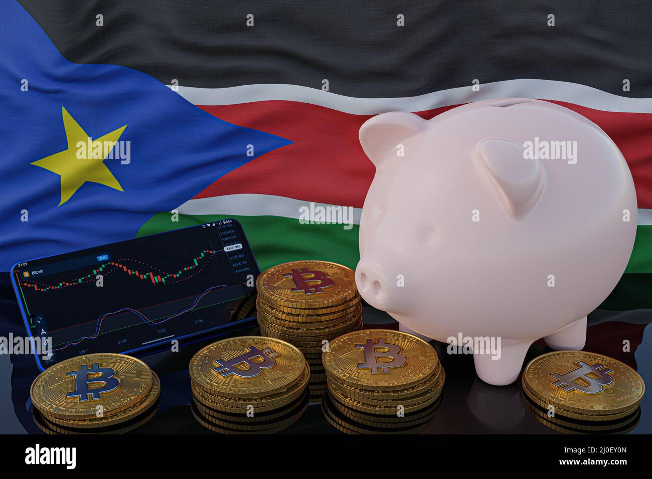 Bitcoin and cryptocurrency investing. South Sudan flag in background. Piggy bank, the of saving concept. Mobile application for trading on stock. 3d r Stock Photo