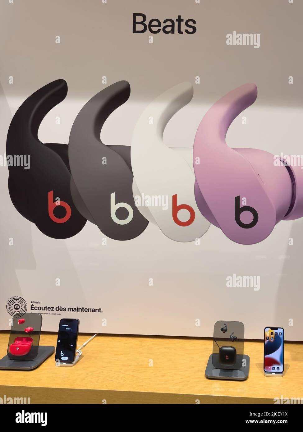 Paris, France - Mar 18, 2022: Presentation of new Beats Fit Pro - Noise Cancelling Wireless Earbuds during the sales launch at the Apple Inc. flagship store Stock Photo