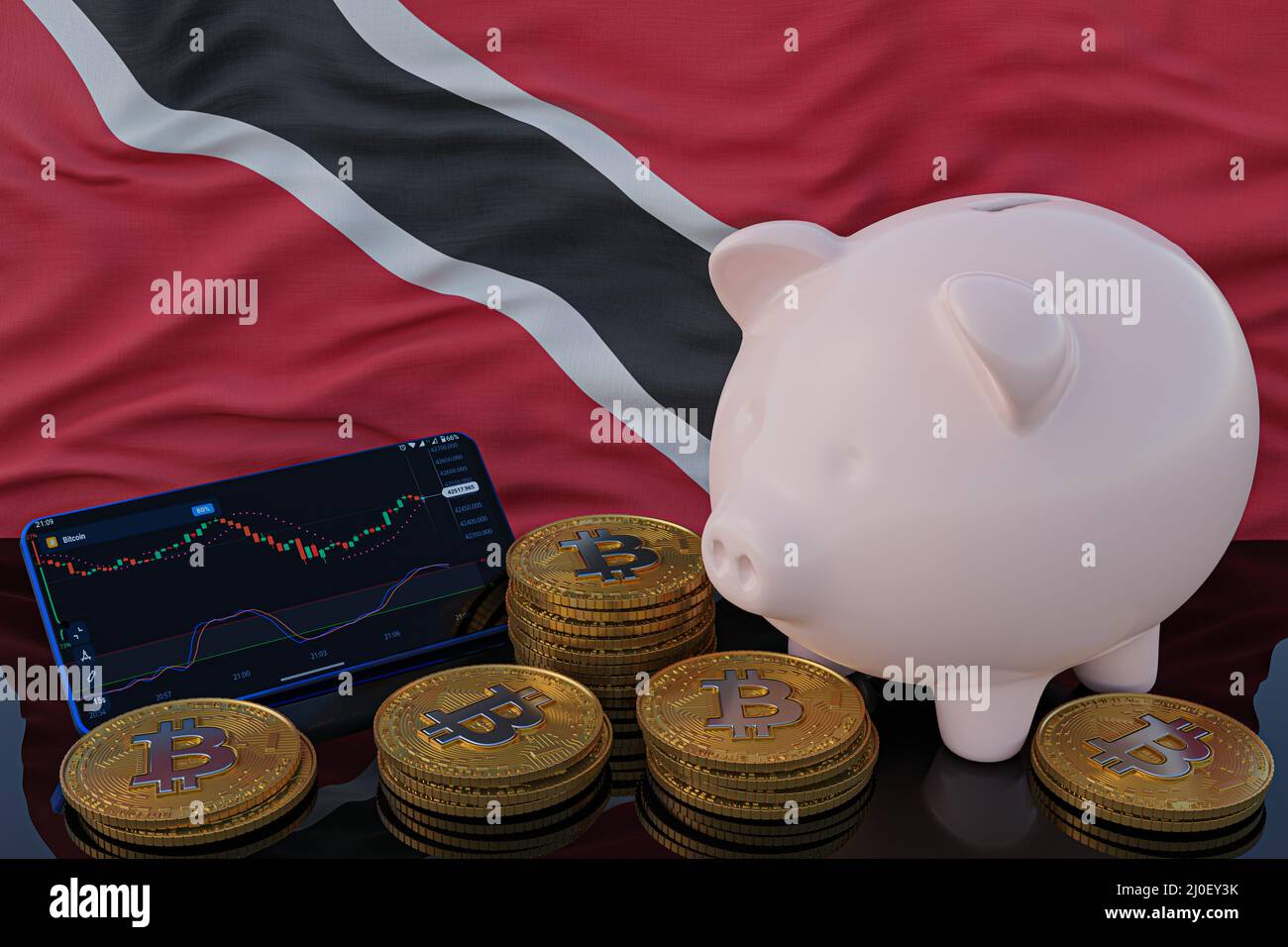 Bitcoin and cryptocurrency investing. Trinidad and Tobago flag in  background. Piggy bank, the of saving concept. Mobile application for  trading on sto Stock Photo - Alamy