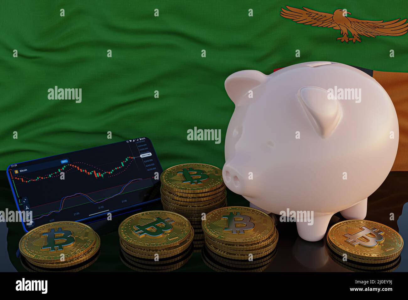 Bitcoin and cryptocurrency investing. Zambia flag in background. Piggy bank, the of saving concept. Mobile application for trading on stock. 3d render Stock Photo