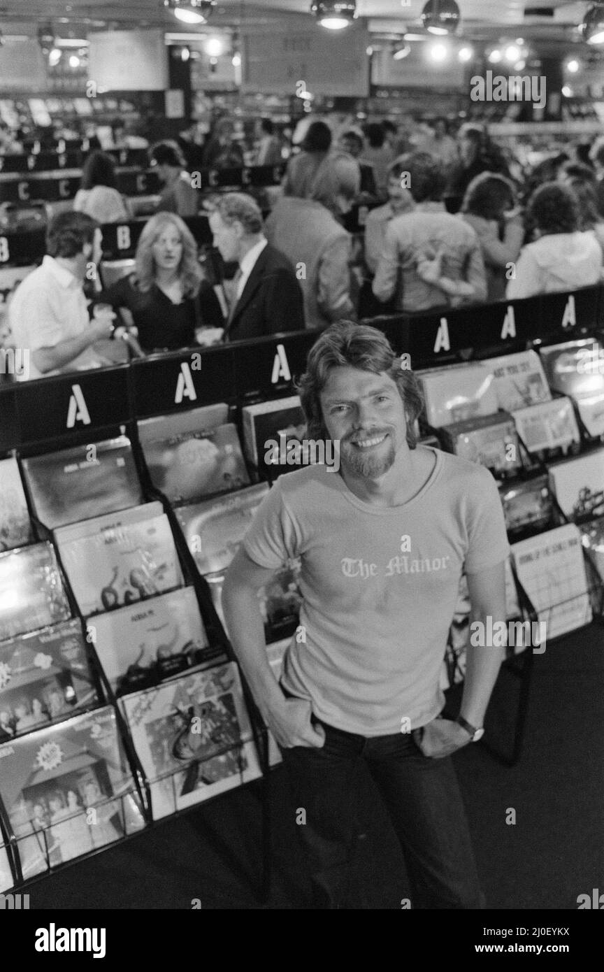 Richard Branson, 28 year old mastermind behind Virgin Music company. Seen  here in his Virgin Mega Store Record Shop. In this set of 21 pictures ,  Richard is seen relaxing on his