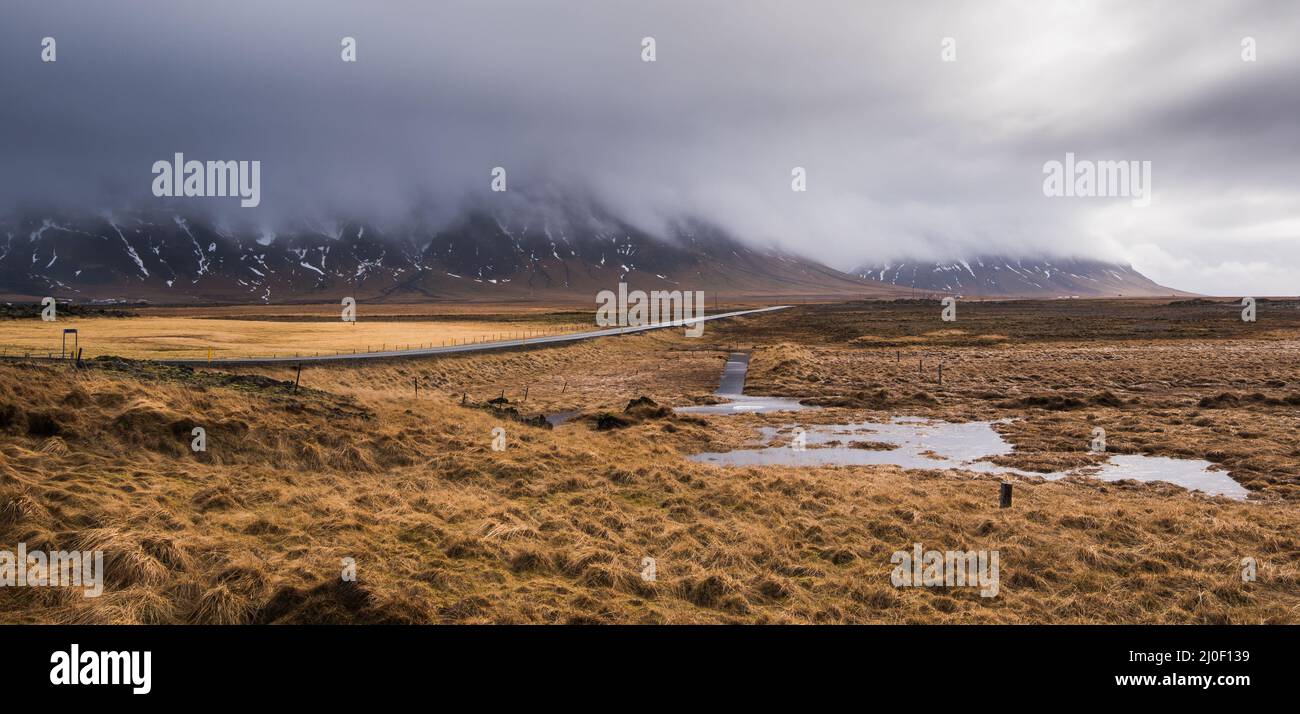 Icelandic nature countryside with moss on land, and snow mountains in spring, Iceland Stock Photo