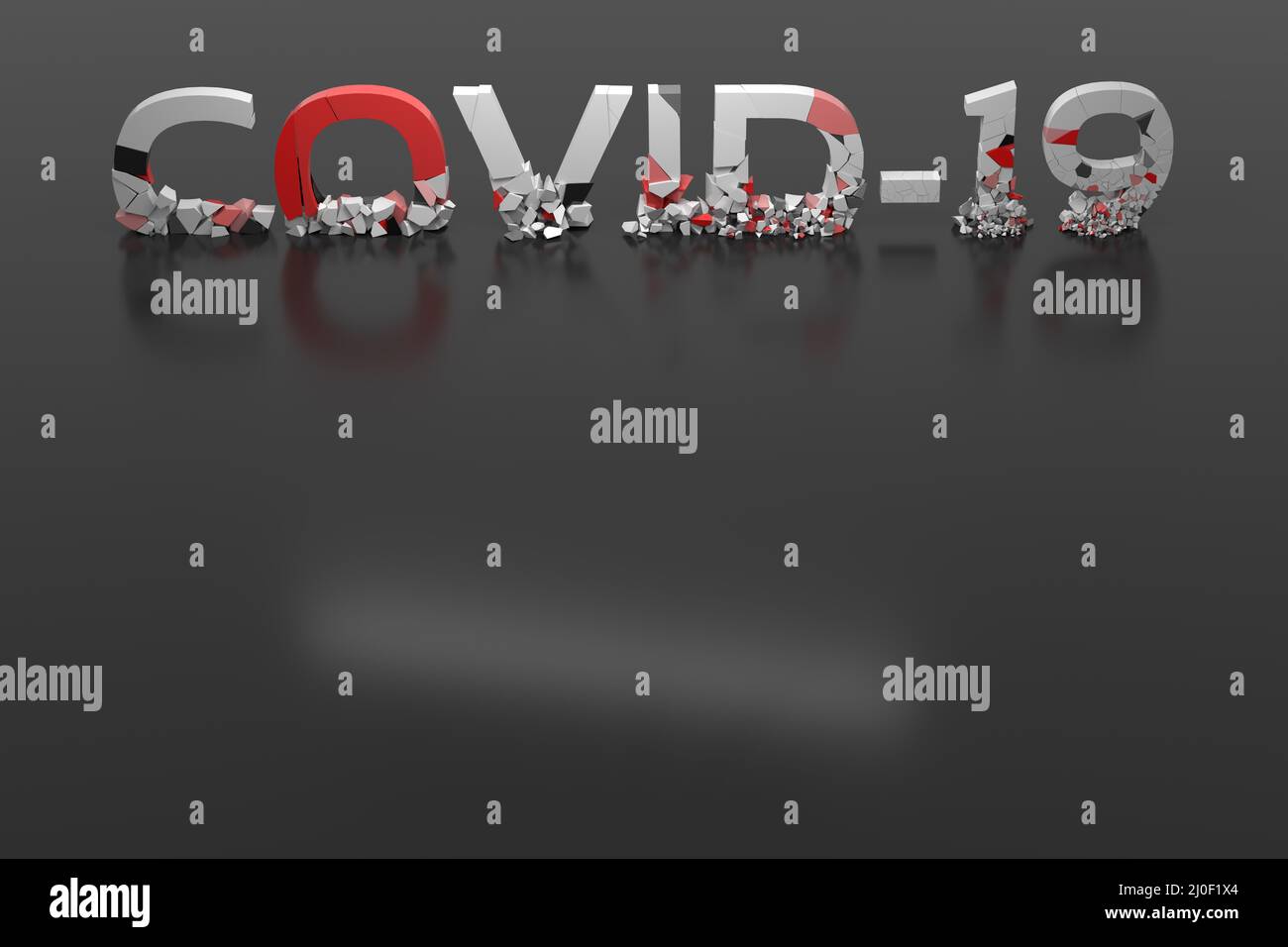 Covid-19 lettering shattered into pieces on a dark gray background with copyspace for your text. The concept of anti-virus virus Stock Photo