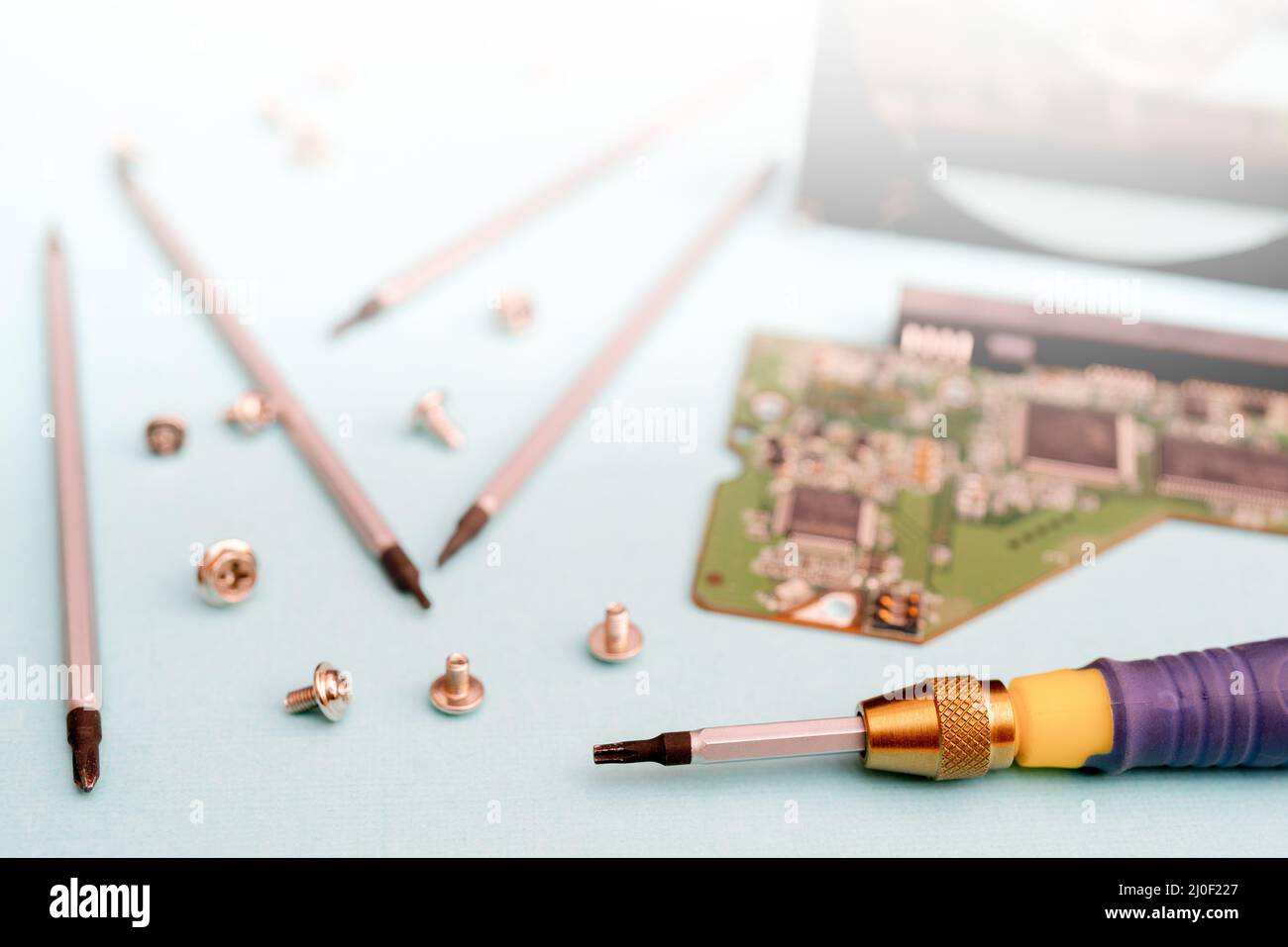 Set of screwdrivers for repair. Computer repair. Computer hard drive