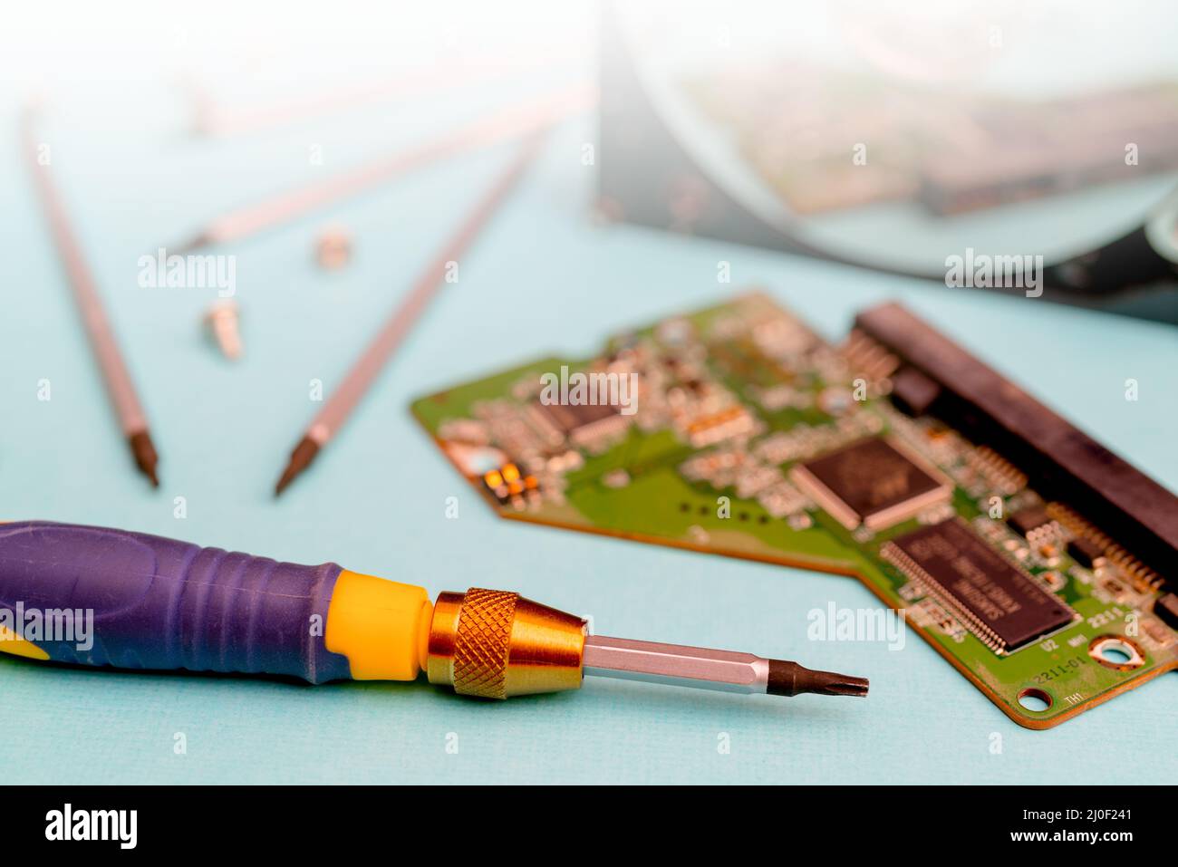 Set of screwdrivers for repair. Computer repair. Computer hard drive