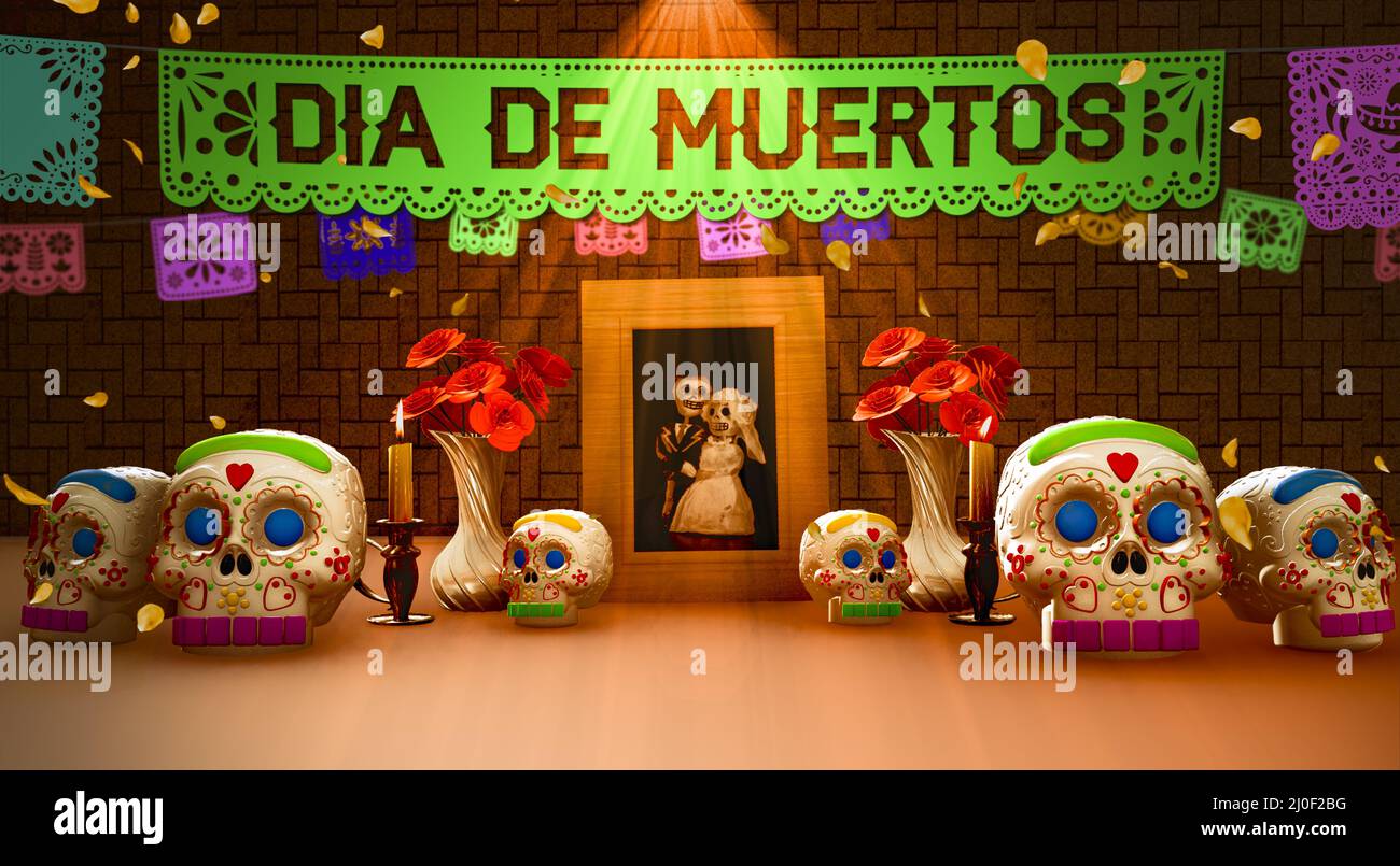 Day of the dead offering, Mexican ofrenda with a picture of a couple space and the phrase in spanish: dia de muertos Stock Photo