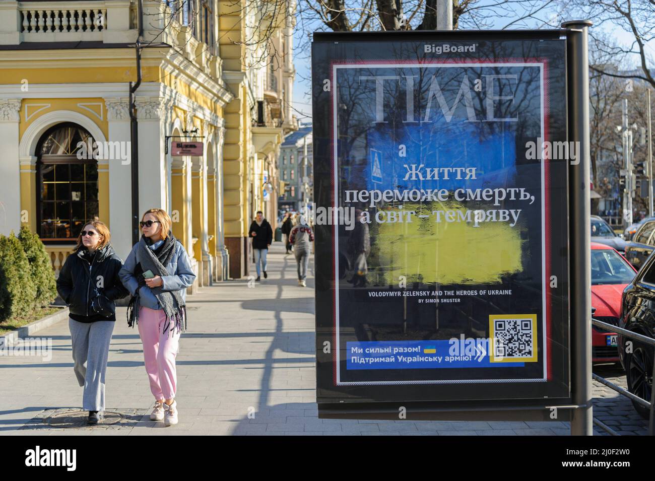 Lviv, Ukraine. 18th Mar, 2022. Time magazine cover seen on a billboard in the city center amid Russia's invasion. Russian troops entered Ukraine on February 24. Credit: SOPA Images Limited/Alamy Live News Stock Photo