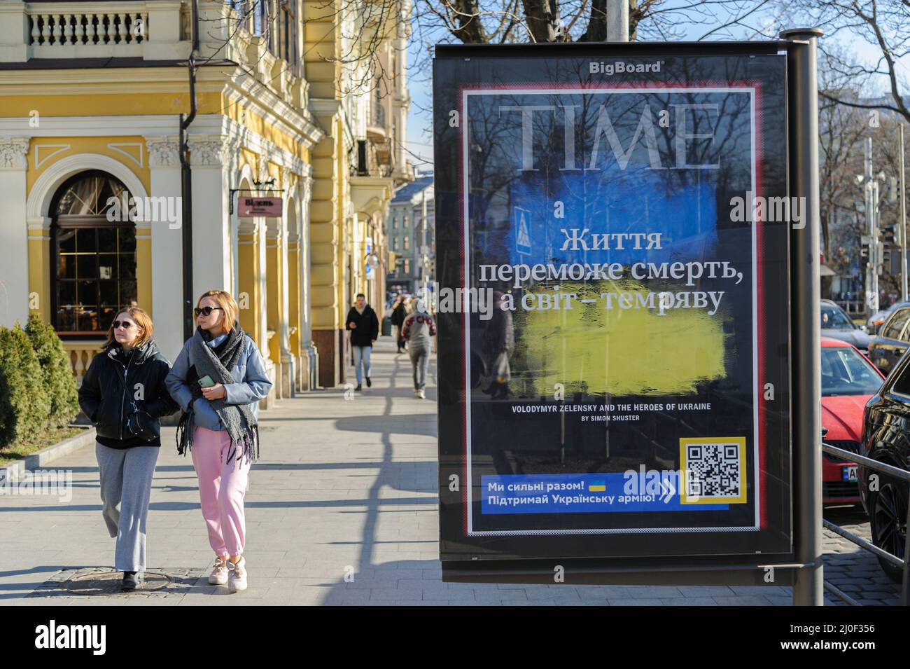 Lviv, Ukraine. 18th Mar, 2022. Time magazine cover seen on a billboard in the city center amid Russia's invasion. Russian troops entered Ukraine on February 24. (Photo by Mykola Tys/SOPA Images/Sipa USA) Credit: Sipa USA/Alamy Live News Stock Photo