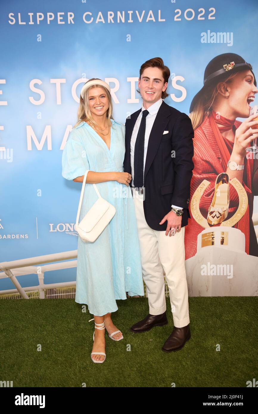 Sydney, Australia. 19th March 2022. Alix Leighton and Rohan Browning arrive  for Longines Golden Slipper Day, Australia's only raceday featuring five  Group 1 events, headlined by the world's richest race for two-year-olds,