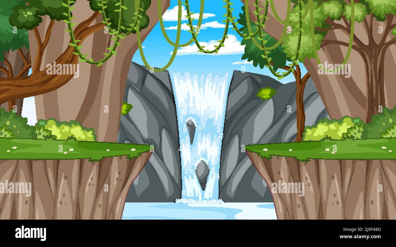 Nature scene with many trees and waterfall illustration Stock Vector ...