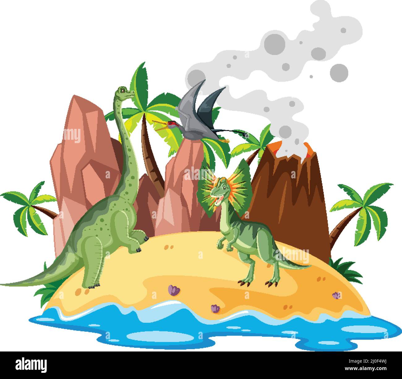 Scene with dinosaurs on island illustration Stock Vector