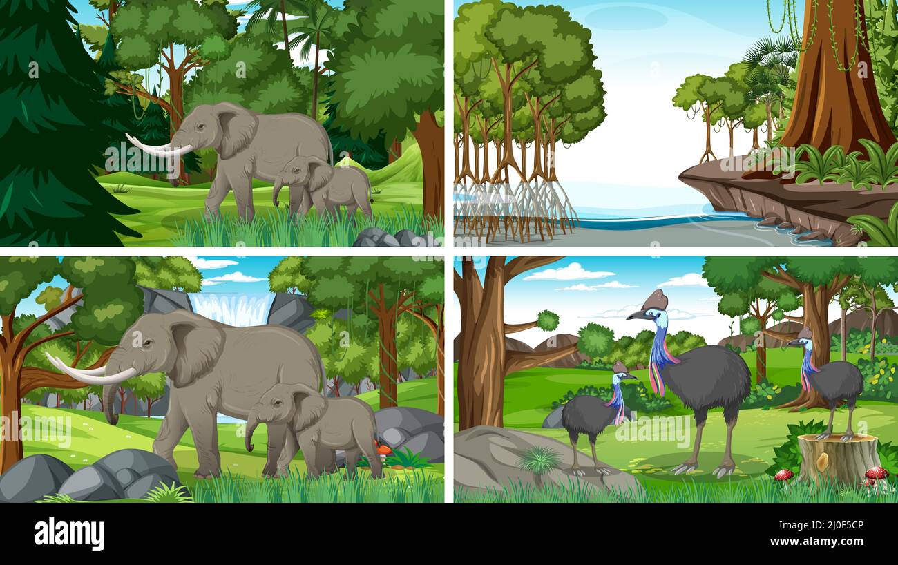 Set of nature scene with trees on mountains with Animal illustration ...