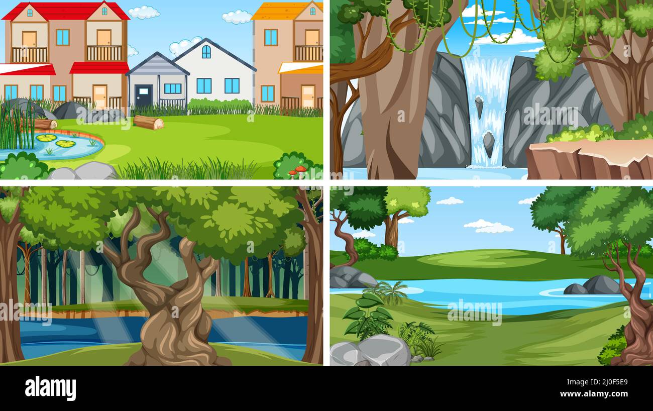 Nature scene with many trees and river illustration Stock Vector Image ...