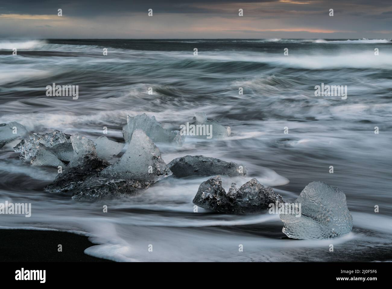 Icebergs in ice beach from Vatnajokull glacier, and Jokulsarlon lake in Iceland Stock Photo