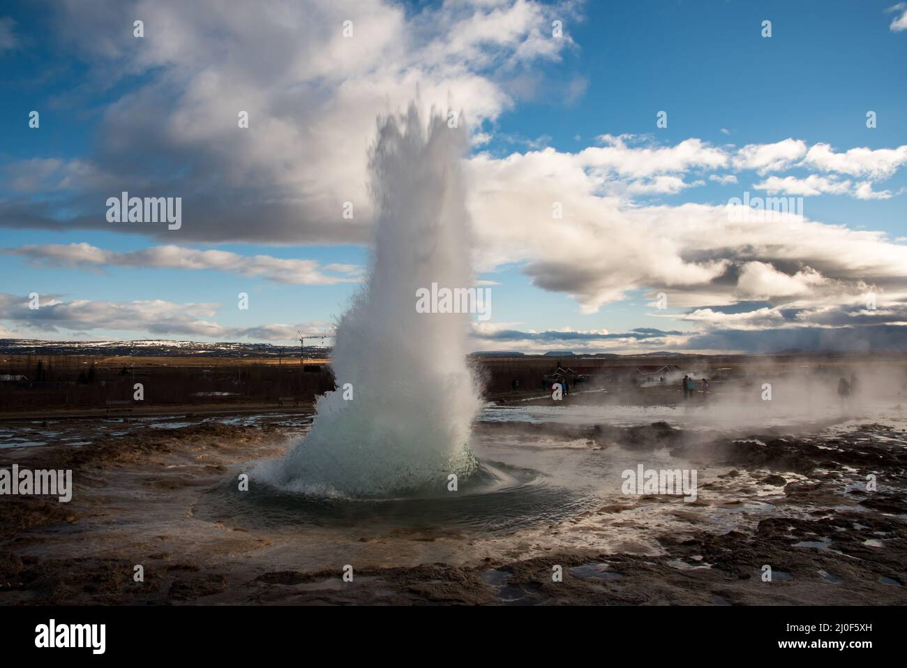 Geysers hot boiling water at haukadalur geothermal park in Iceland Stock Photo