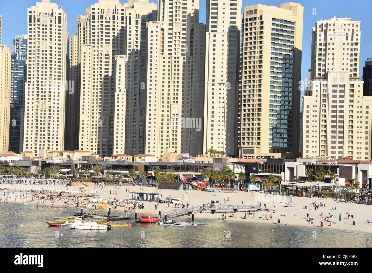 View of Jumeirah Beach Residence from Bluewaters Island in Dubai, UAE Stock Photo