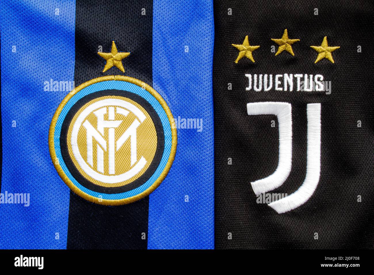 Calgary, Alberta, Canada. July 10, 2020. Juventus F.C. vs Inter Milan close up to their jersey logo Stock Photo