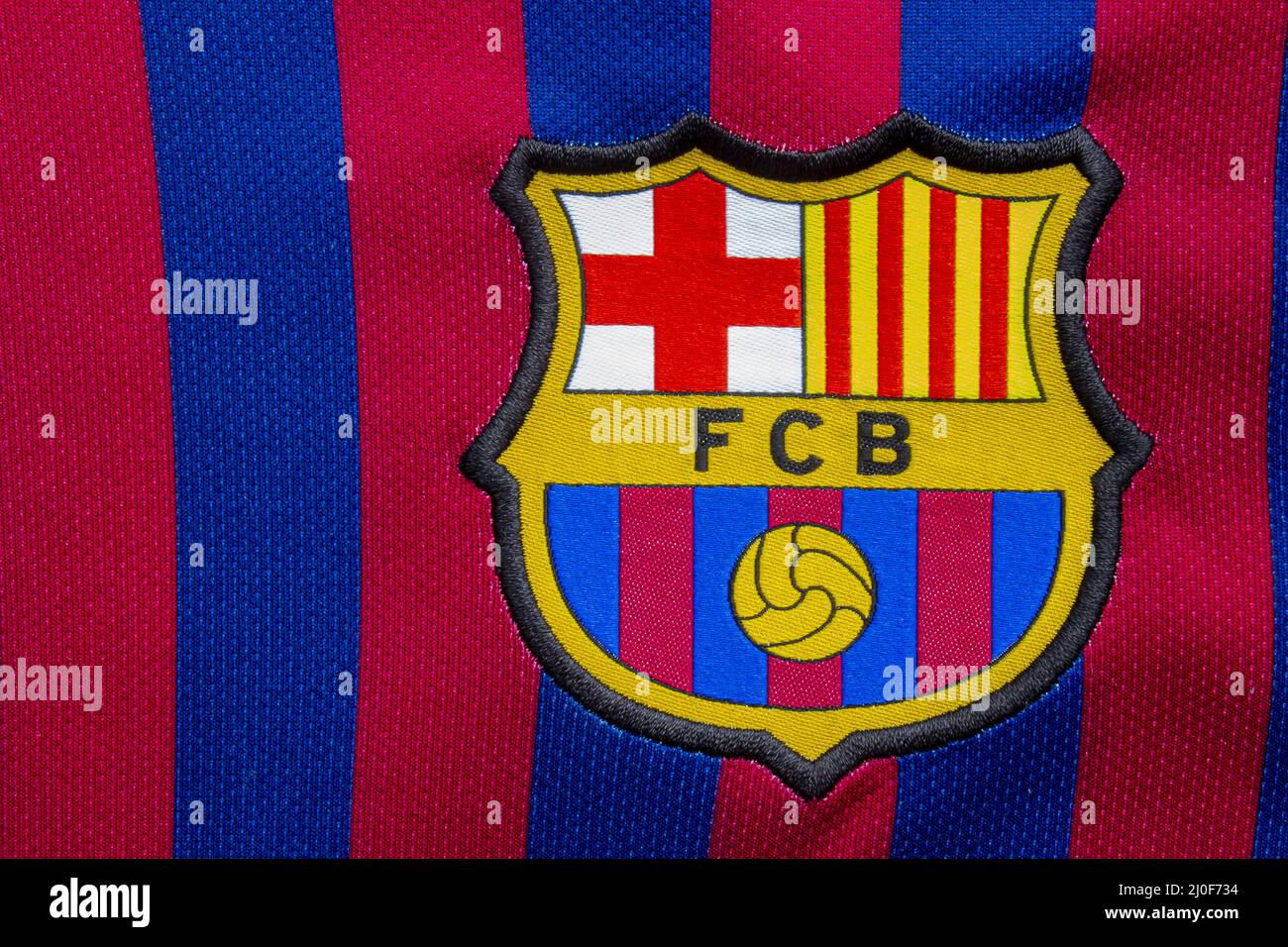 Calgary, Alberta, Canada. July 10, 2020. Club Barcelona close up to their jersey logo Stock Photo