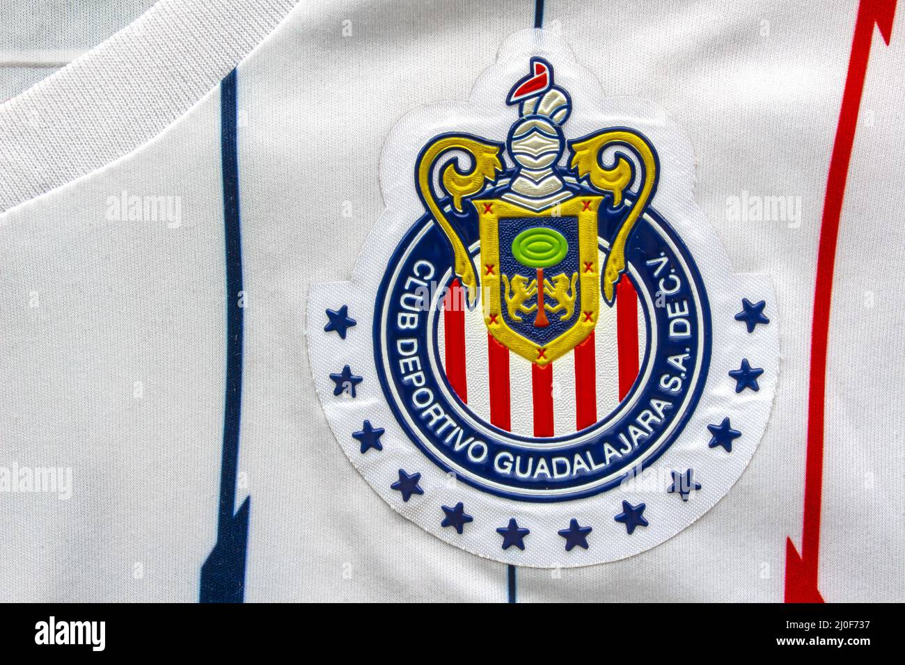 Calgary, Alberta, Canada. July 10, 2020. Guadalajara Chivas Football Soccer close up to their logo on a jersey. Stock Photo