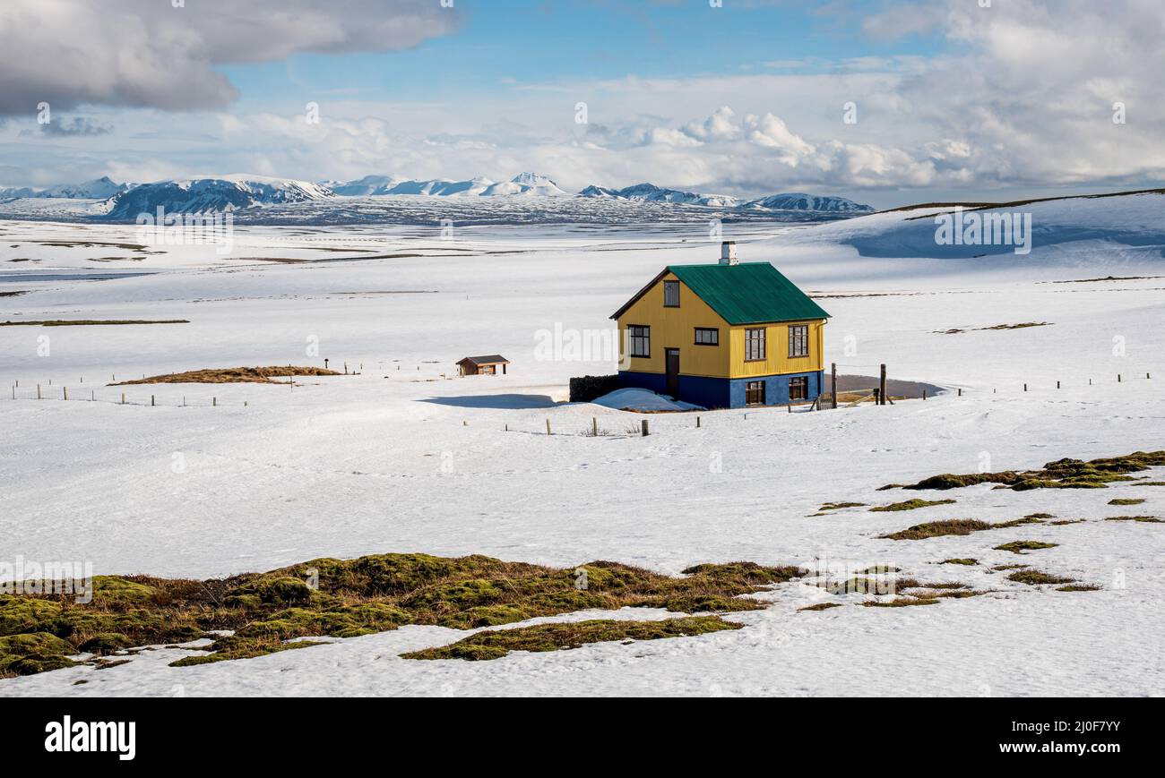 Small cottage house in snow in Reykjanes in winter in Iceland Stock Photo