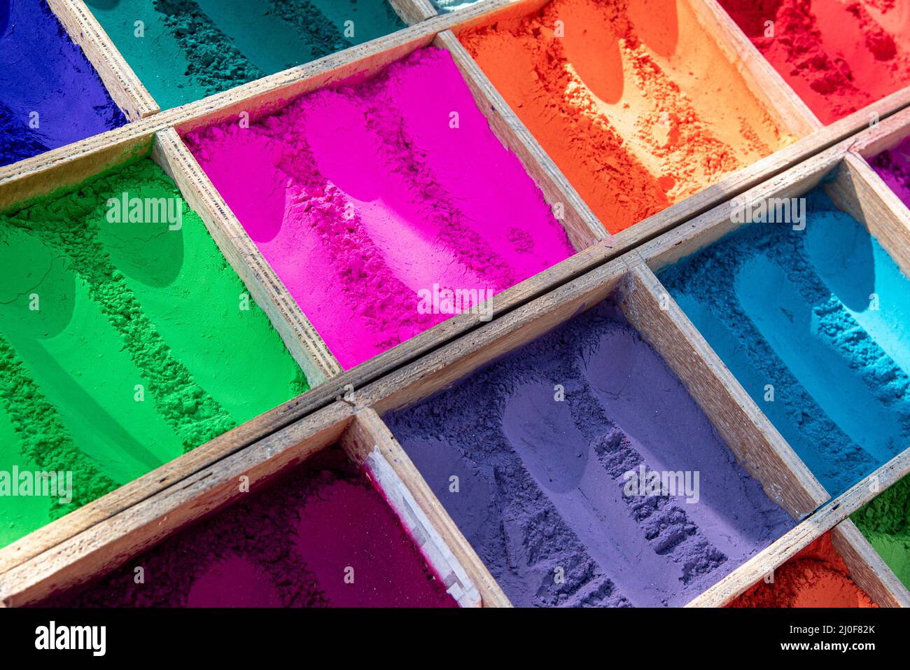 Pigments of various powder colors for the holi colourful festival Stock Photo