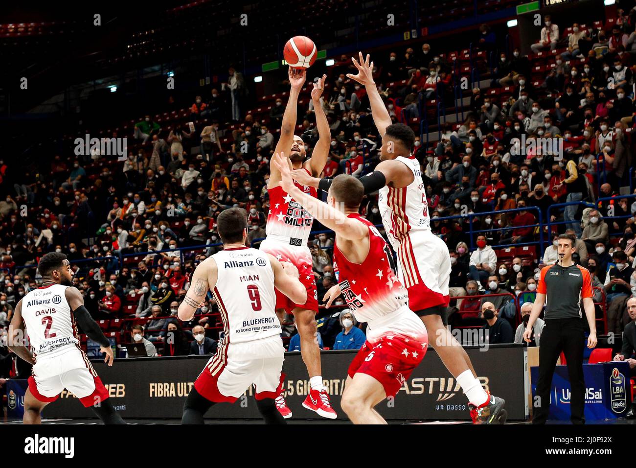 Milan, Italy, Italy. 13th Mar, 2022. Italy, Milan march 13 2022: Shavon Shields (Armani forward) three points shot in 3rd quarter during basketball game A|X Armani Milan vs Allianz Trieste, Lega Basket A 2021-2022 day22 (Credit Image: © Fabrizio Andrea Bertani/Pacific Press via ZUMA Press Wire) Stock Photo