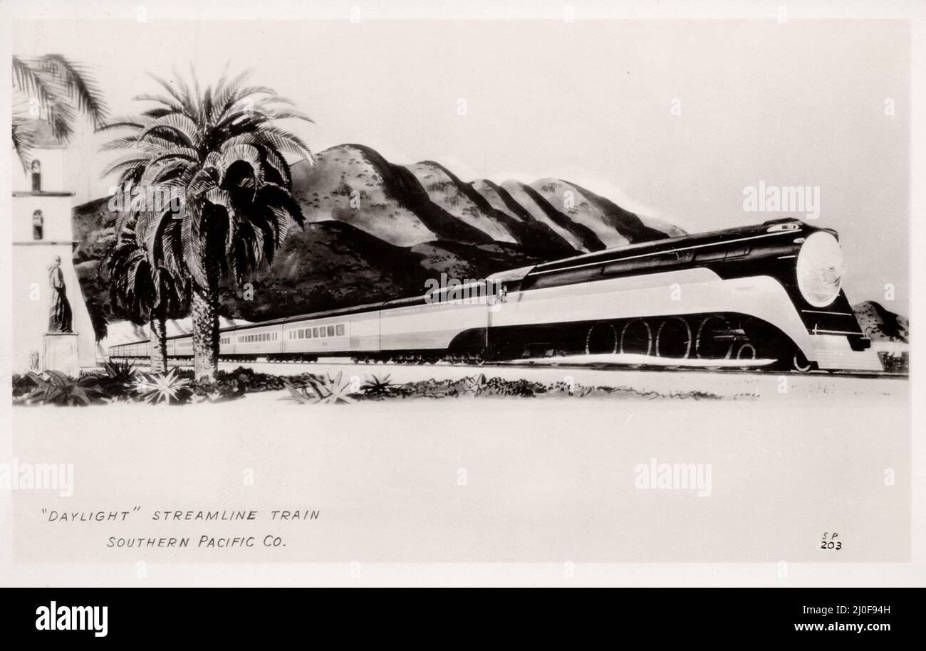 The 'Daylight' Streamline Southern Pacific Co train, Los Angeles to San Francisco route, approx 1940's postcard. unknown artist Stock Photo