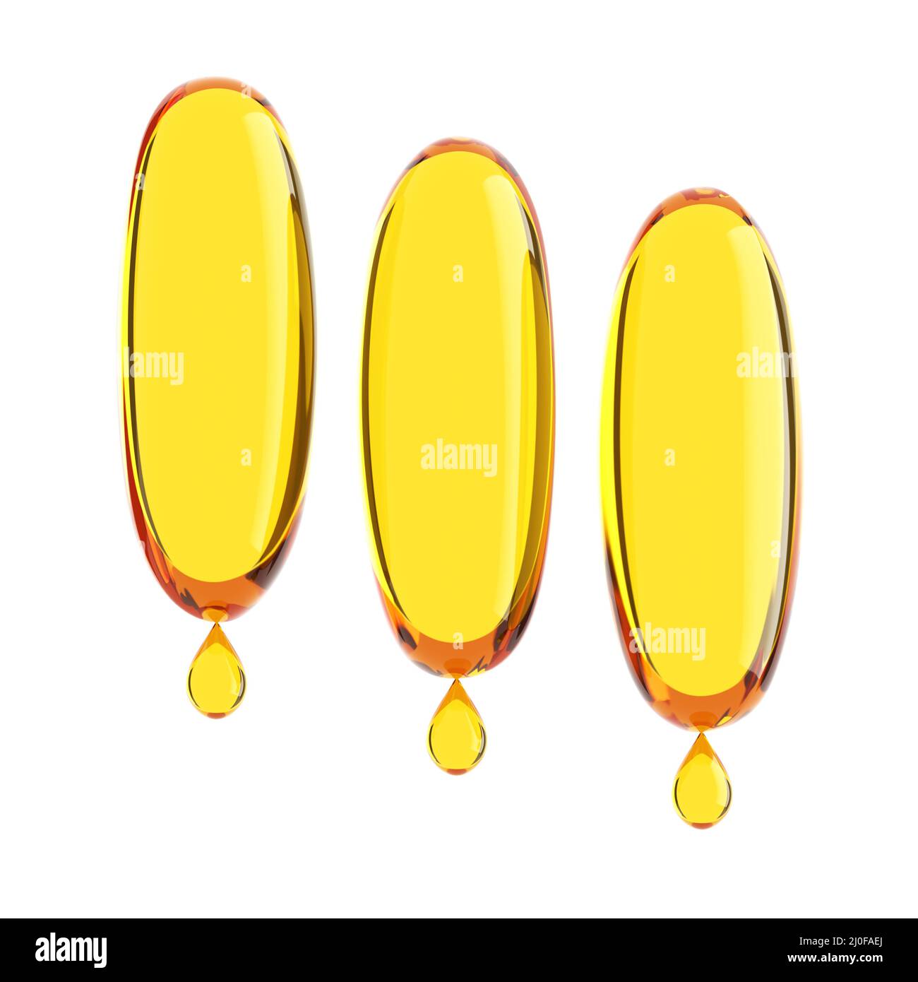 Three translucent golden capsules with flowing drops of oil. 3D rendering Stock Photo