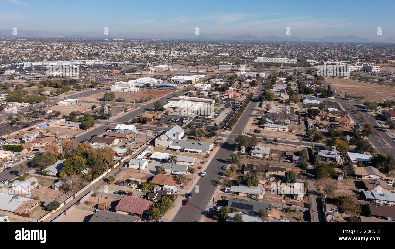 Afternoon aerial view of the downtown skyline and surrounding housing