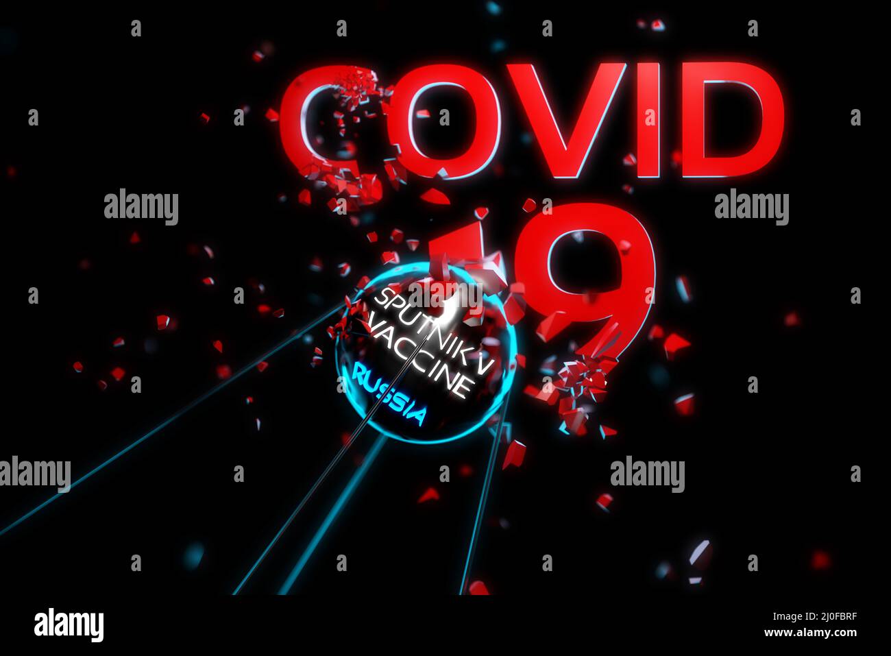 Flying satellite breaks the inscription covid-19. New vaccine named sputnik created by scientists of Russia. 2019-nCov pandemic Stock Photo