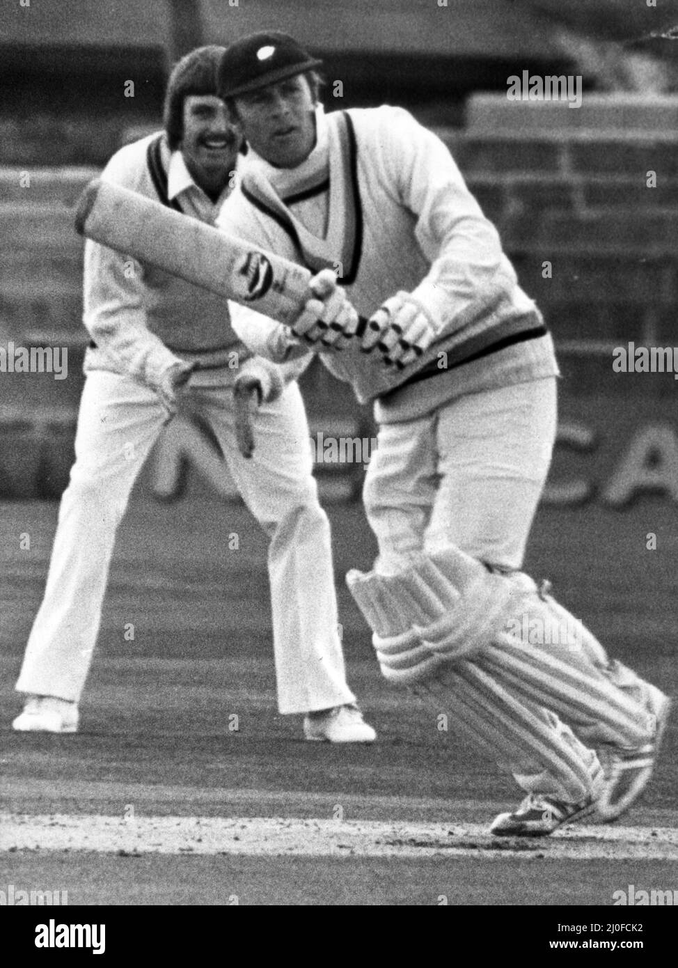 Yorkshire opening bat Geoff Boycott strokes the ball back to the bowler during his knock at Acklam Park today. 2nd May 1979. Stock Photo